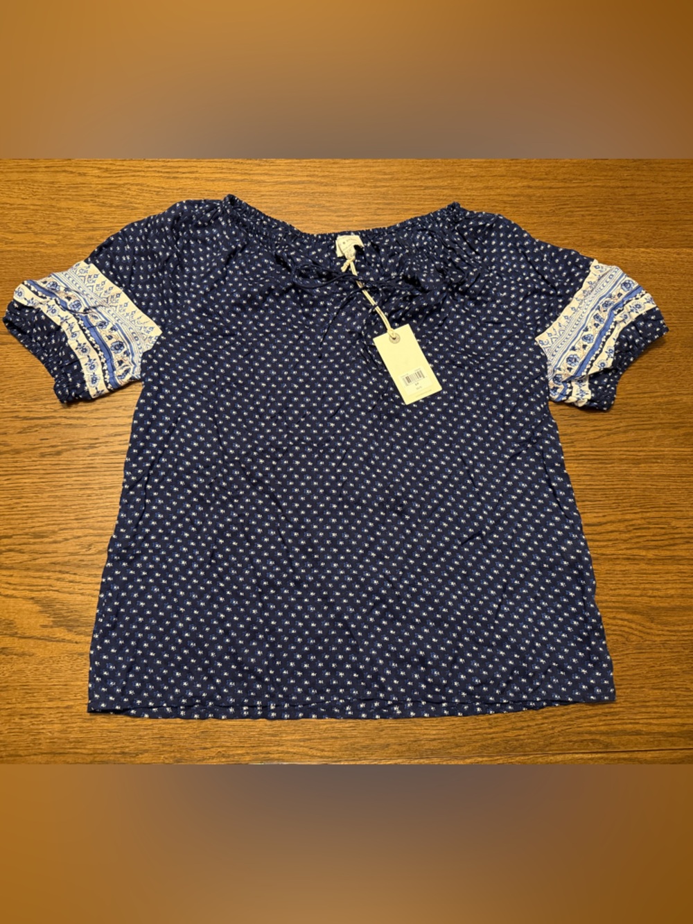 NWT Lucky Brand Navy Blue Printed Peasant Top